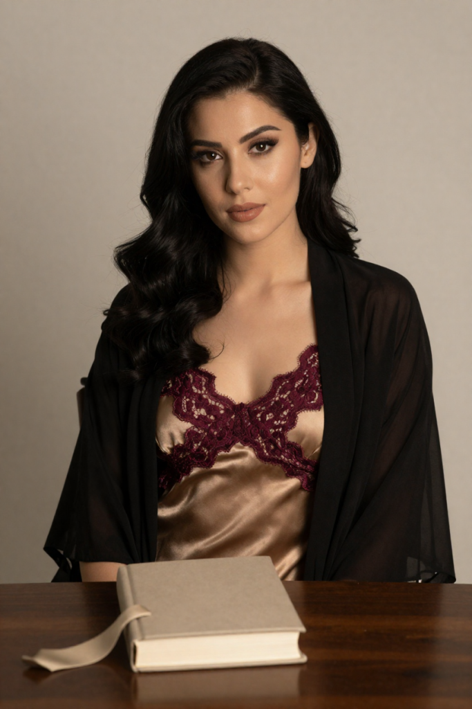 MegaBioLinks muse in a champagne silk slip dress with burgundy lace, seated at the desk with the closed cloth-bound biography book and its ribbon marker